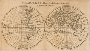 Mapa del Mundo en el que se Delinea el Viaje de Robinson Crusoe, frontispicio desplegable de Las Aventuras de Robinson Crusoe; Siendo la Segunda y Última Parte de Su Vida